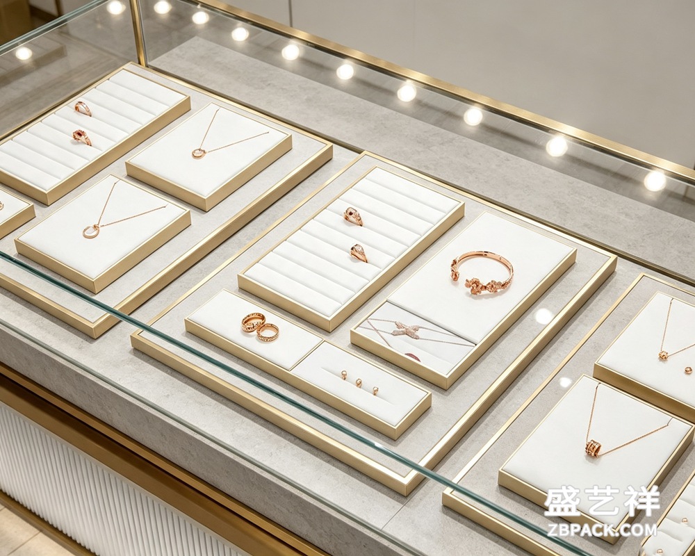 金色边框模块化珠宝展示托盘套装 TP09 | TP09 Gold-Trim Modular Jewelry Display Tray Set