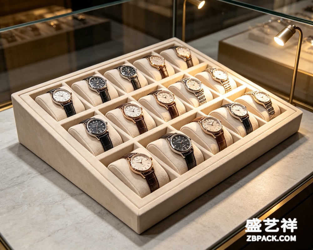 米白绒面12格手表展示托盘TP13 | Cream Velvet 12-Slot Watch Display Tray TP13