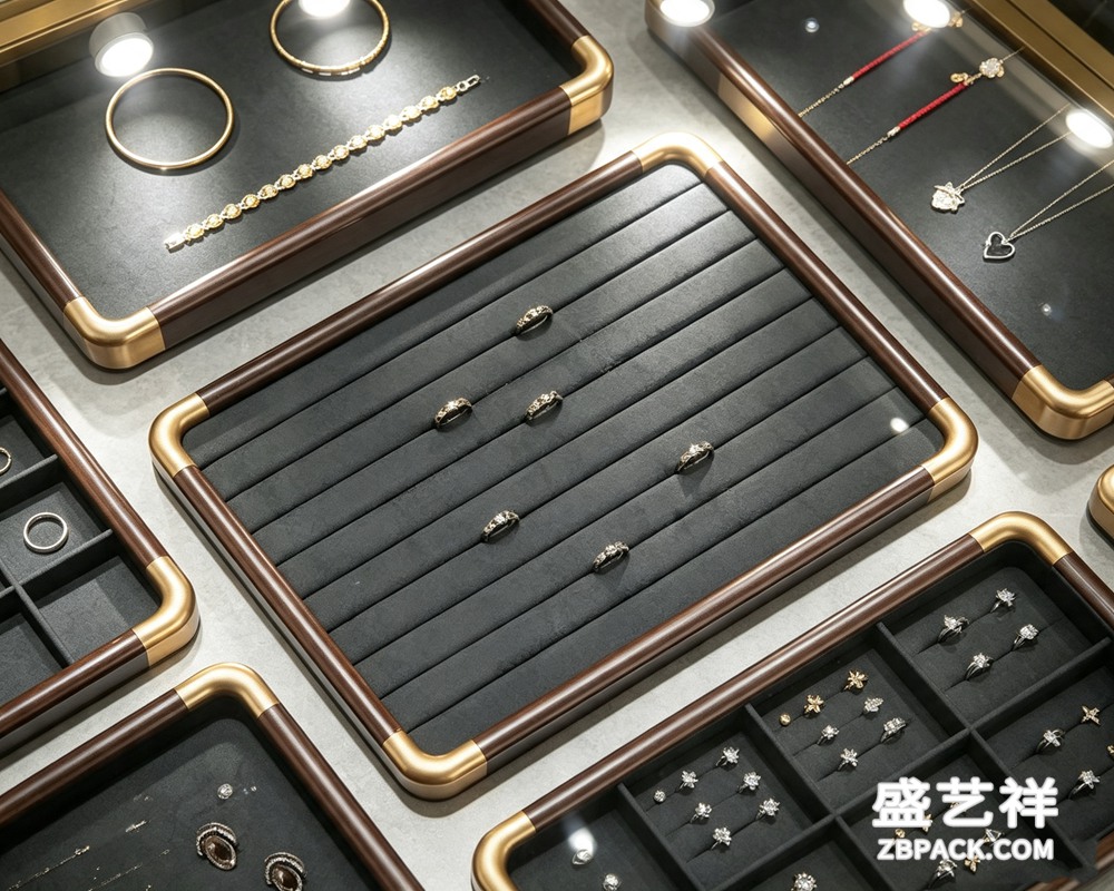 深棕木纹金边模块化珠宝托盘TP14 | Dark Wood Grain Gold-Trim Modular Jewelry Tray TP14 - 细节图4