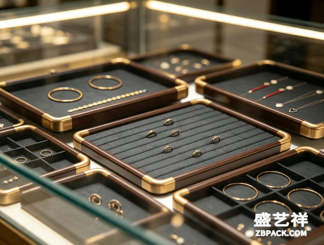 深棕木纹金边模块化珠宝托盘TP14 | Dark Wood Grain Gold-Trim Modular Jewelry Tray TP14