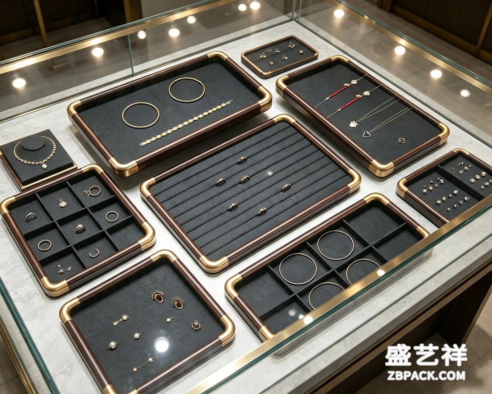 深棕木纹金边模块化珠宝托盘TP14 | Dark Wood Grain Gold-Trim Modular Jewelry Tray TP14 - 细节图2
