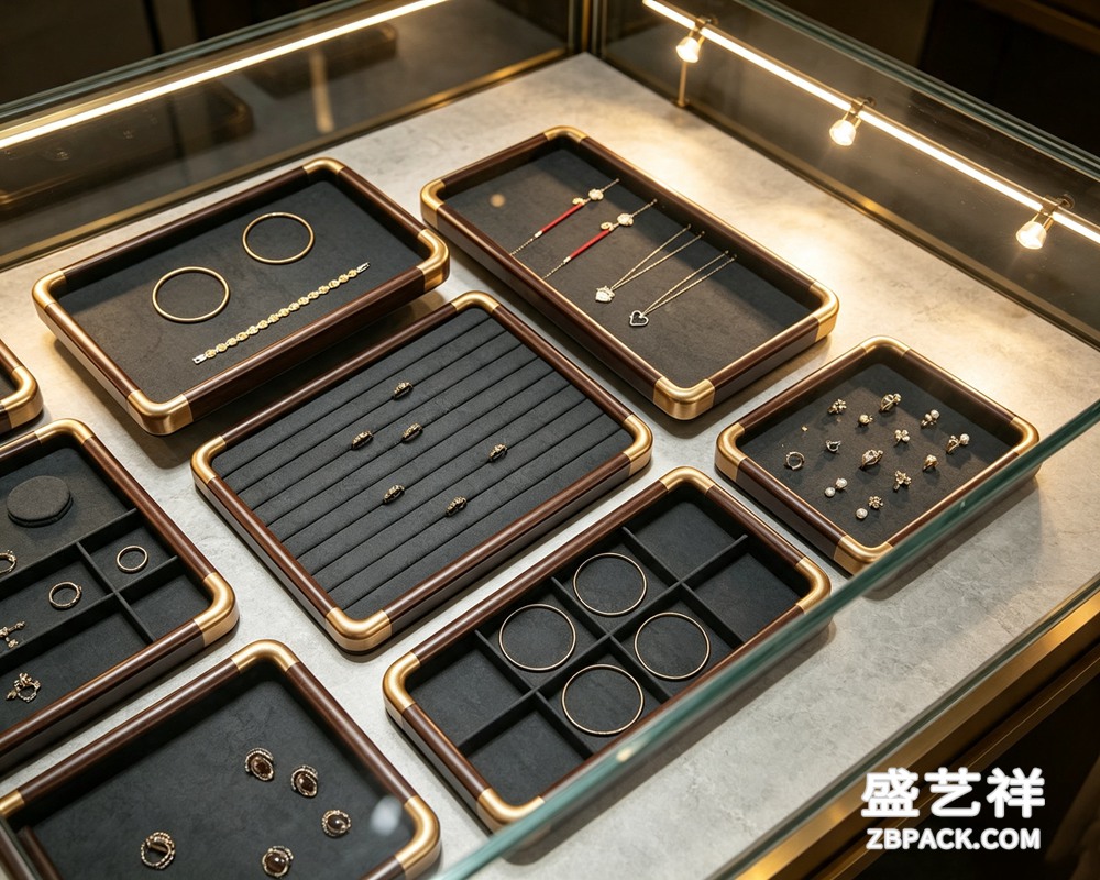 深棕木纹金边模块化珠宝托盘TP14 | Dark Wood Grain Gold-Trim Modular Jewelry Tray TP14 - 细节图3