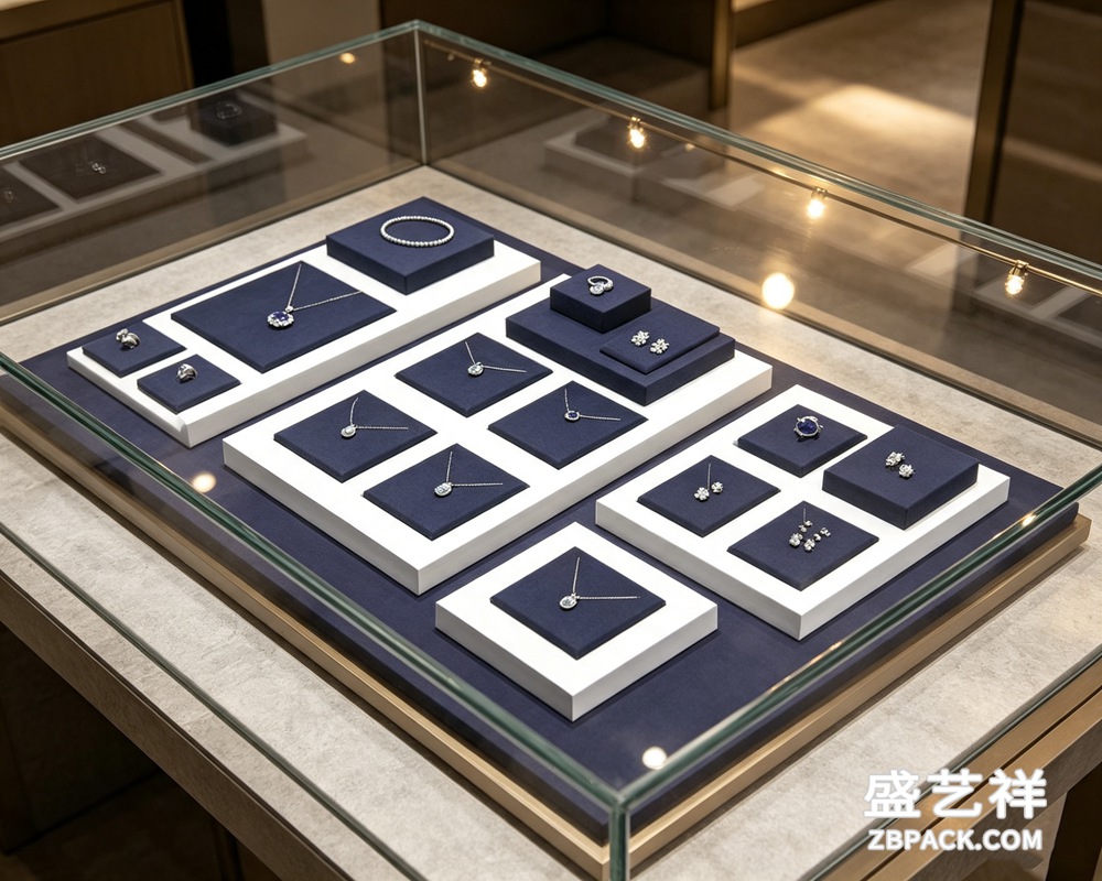深蓝绒面白框阶梯式珠宝托盘TP17 | Navy Velvet White-Frame Tiered Jewelry Tray TP17 - 细节图3