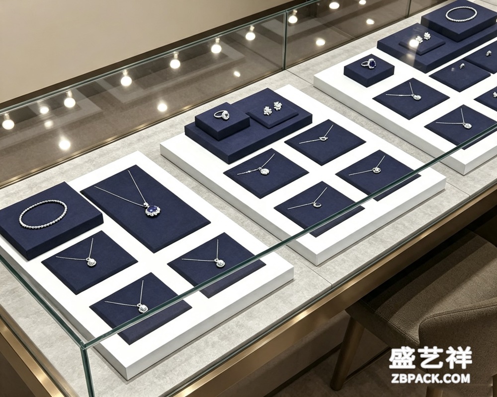 深蓝绒面白框阶梯式珠宝托盘TP17 | Navy Velvet White-Frame Tiered Jewelry Tray TP17