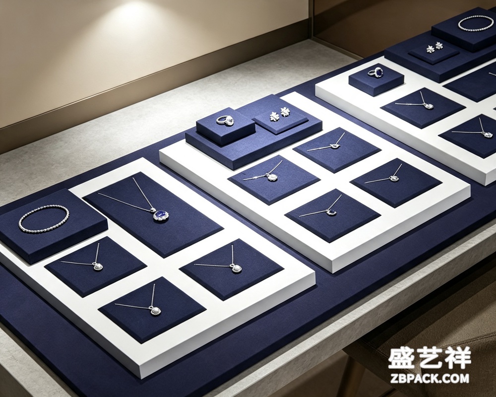 深蓝绒面白框阶梯式珠宝托盘TP17 | Navy Velvet White-Frame Tiered Jewelry Tray TP17 - 细节图4