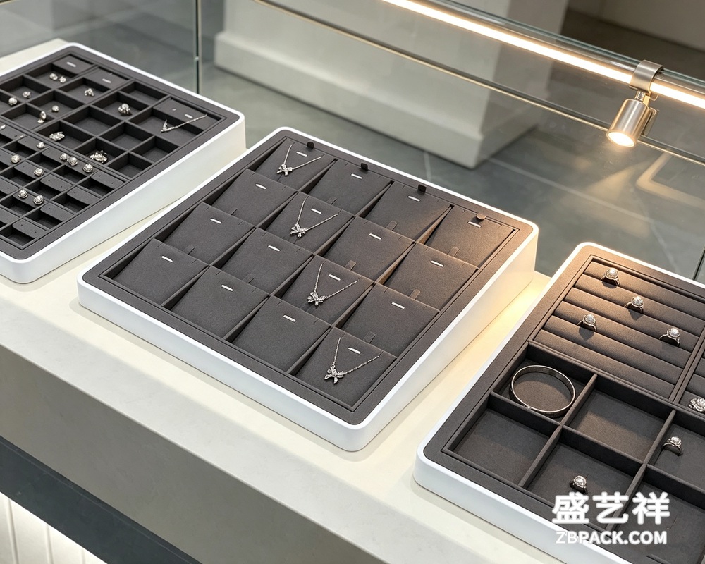 白框灰绒多格项链戒指展示托盘TP18 | White Frame Grey Velvet Multi-Slot Jewelry Tray TP18 - 细节图2
