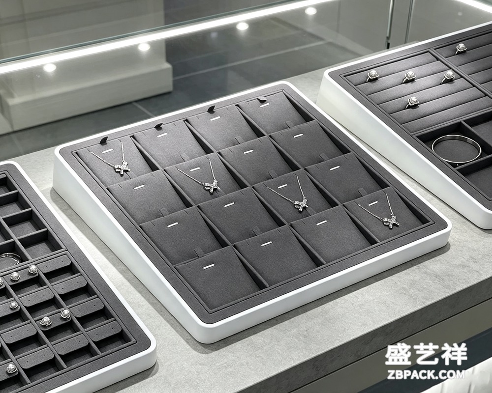 白框灰绒多格项链戒指展示托盘TP18 | White Frame Grey Velvet Multi-Slot Jewelry Tray TP18