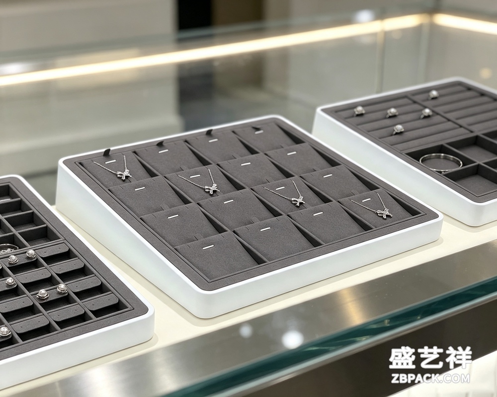 白框灰绒多格项链戒指展示托盘TP18 | White Frame Grey Velvet Multi-Slot Jewelry Tray TP18 - 细节图3