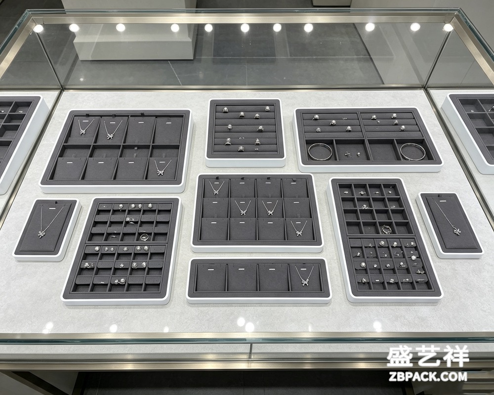 白框灰绒多格项链戒指展示托盘TP18 | White Frame Grey Velvet Multi-Slot Jewelry Tray TP18 - 细节图4
