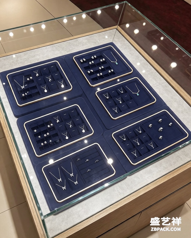 宝蓝绒面金边模块化珠宝托盘TP19 | Royal Blue Velvet Gold-Trim Modular Jewelry Tray TP19 - 细节图3