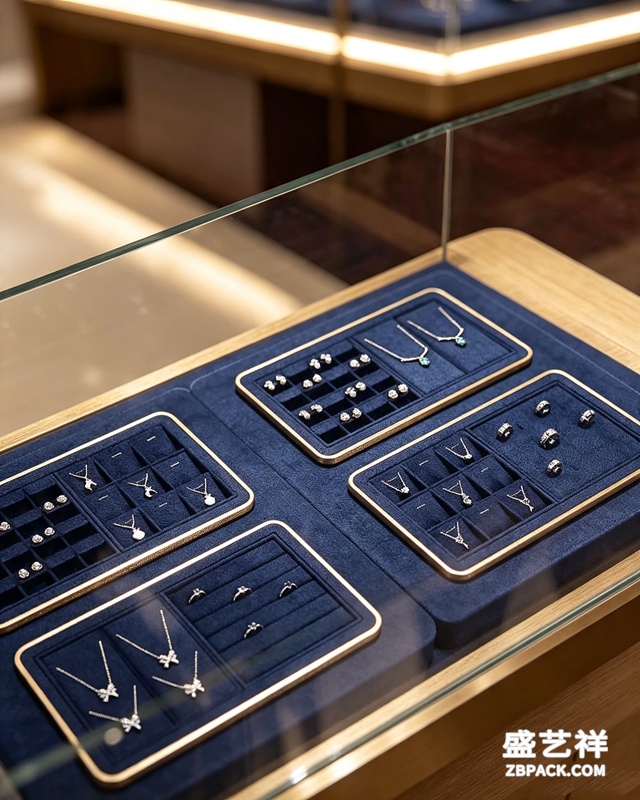 宝蓝绒面金边模块化珠宝托盘TP19 | Royal Blue Velvet Gold-Trim Modular Jewelry Tray TP19 - 细节图4