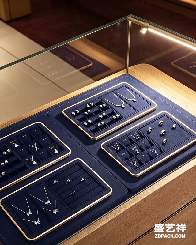 宝蓝绒面金边模块化珠宝托盘TP19 | Royal Blue Velvet Gold-Trim Modular Jewelry Tray TP19 - 细节图2