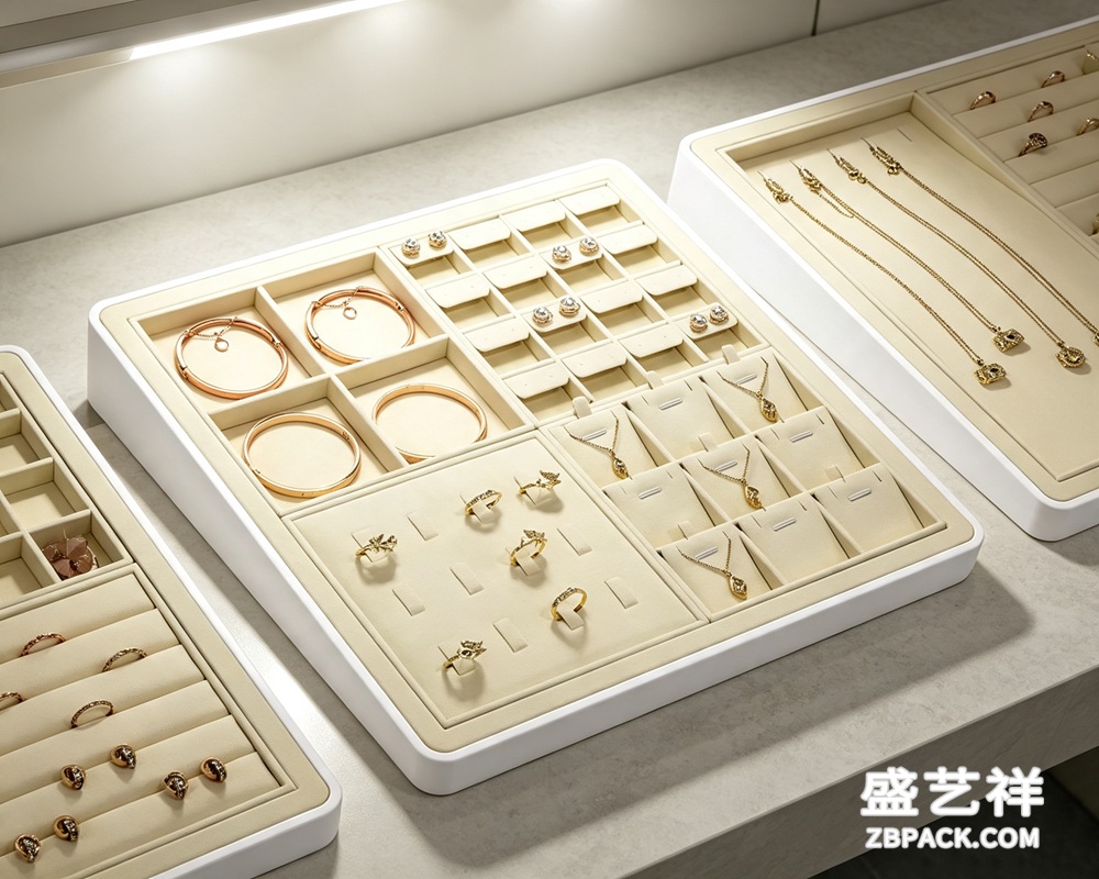 米白超纤多功能分区珠宝托盘TP21 | Cream Microfiber Multi-Zone Jewelry Tray TP21 - 细节图2