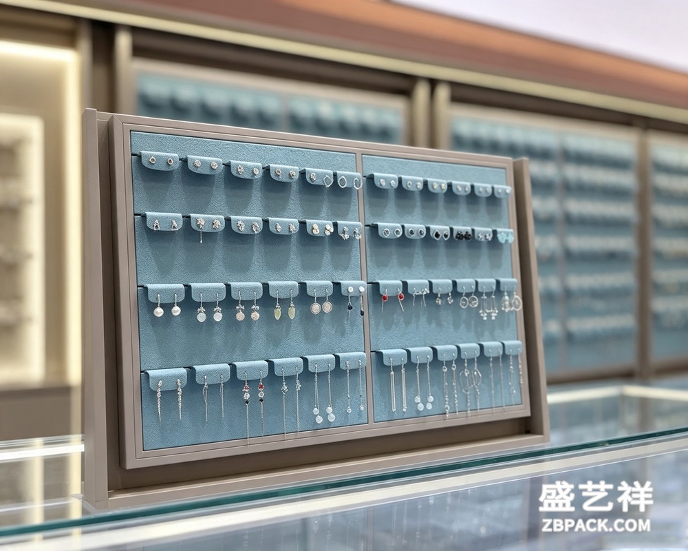 墙壁柜灰框蓝绒多层耳饰展示架TP27 | Grey Frame Blue Velvet Multi-Tier Earring Display Rack TP27
