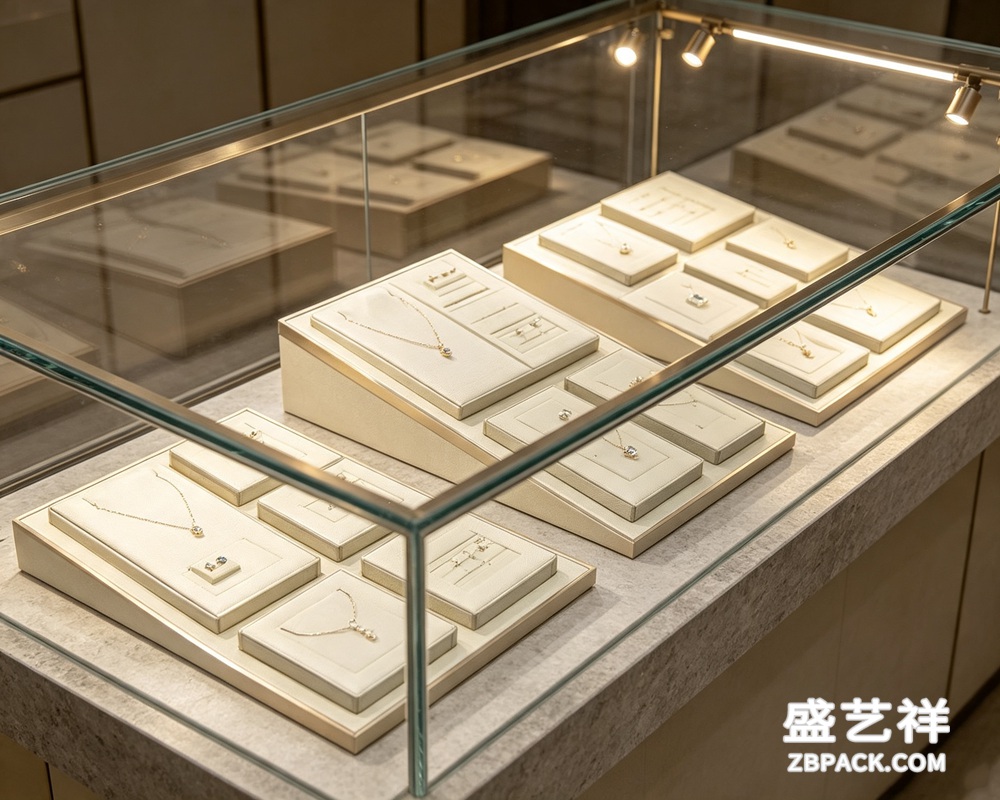 香槟金边框米白绒面模块化珠宝陈列托盘套装TP30 | Champagne Gold Trim Beige Velvet Modular Jewelry Display Tray Set TP30 - 细节图2