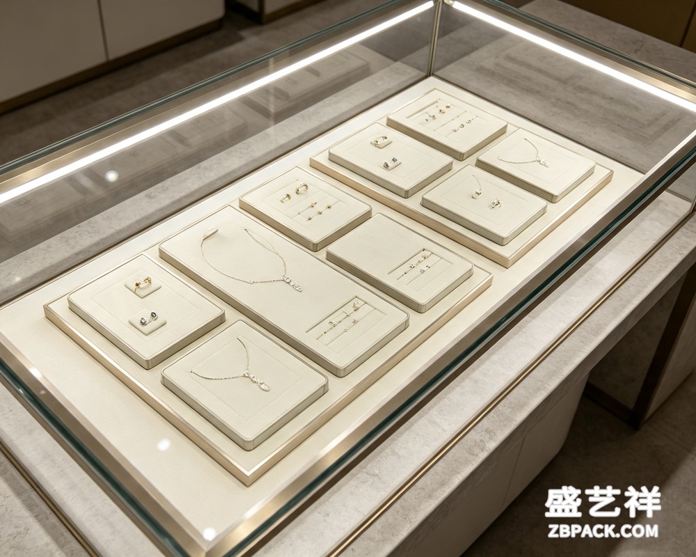 香槟金边框米白绒面模块化珠宝陈列托盘套装TP30 | Champagne Gold Trim Beige Velvet Modular Jewelry Display Tray Set TP30