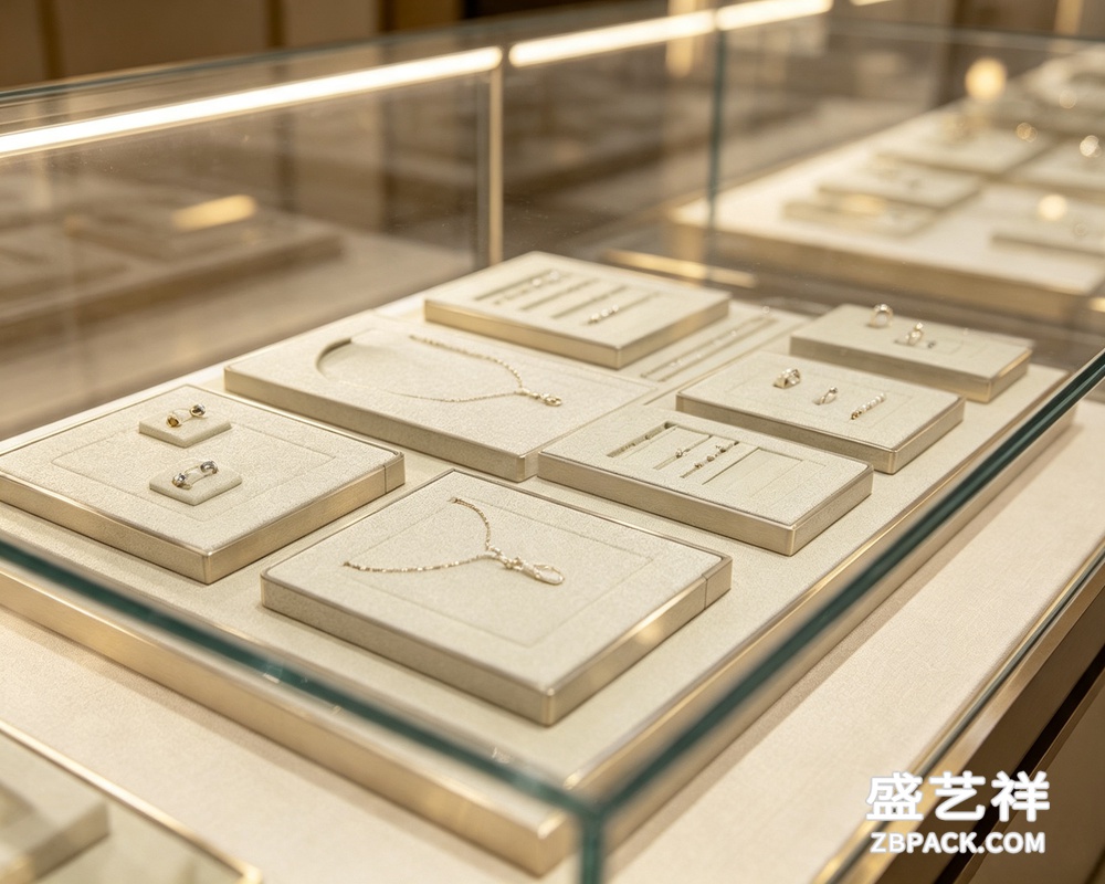 香槟金边框米白绒面模块化珠宝陈列托盘套装TP30 | Champagne Gold Trim Beige Velvet Modular Jewelry Display Tray Set TP30 - 细节图3