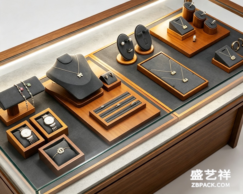 深灰超纤配胡桃木实木珠宝陈列组合道具 DJ02 | Dark Gray Microfiber Walnut Wood Jewelry Display Set DJ02