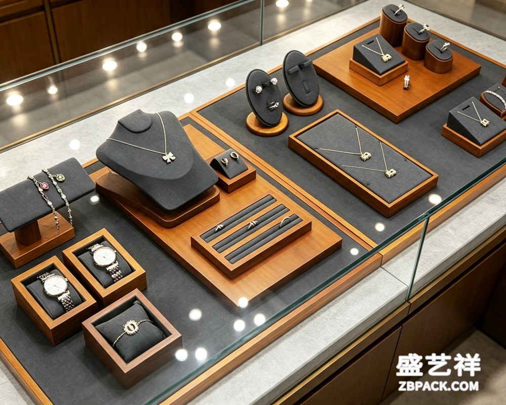 深灰超纤配胡桃木实木珠宝陈列组合道具 DJ02 | Dark Gray Microfiber Walnut Wood Jewelry Display Set DJ02 - 细节图2