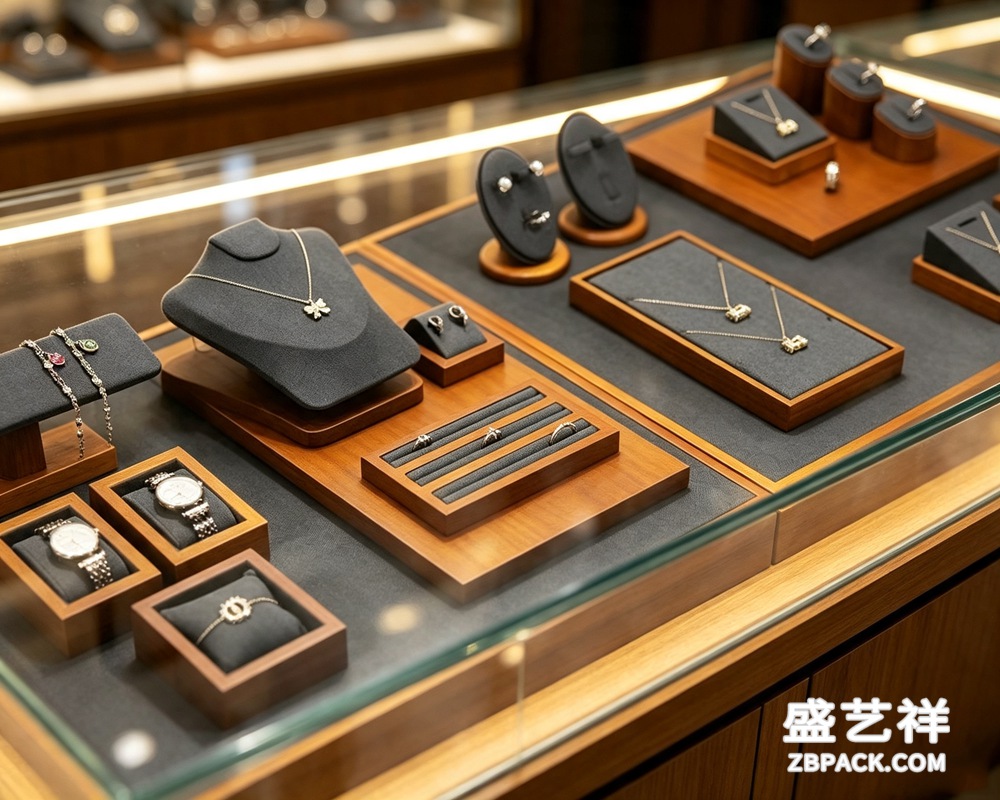 深灰超纤配胡桃木实木珠宝陈列组合道具 DJ02 | Dark Gray Microfiber Walnut Wood Jewelry Display Set DJ02 - 细节图3