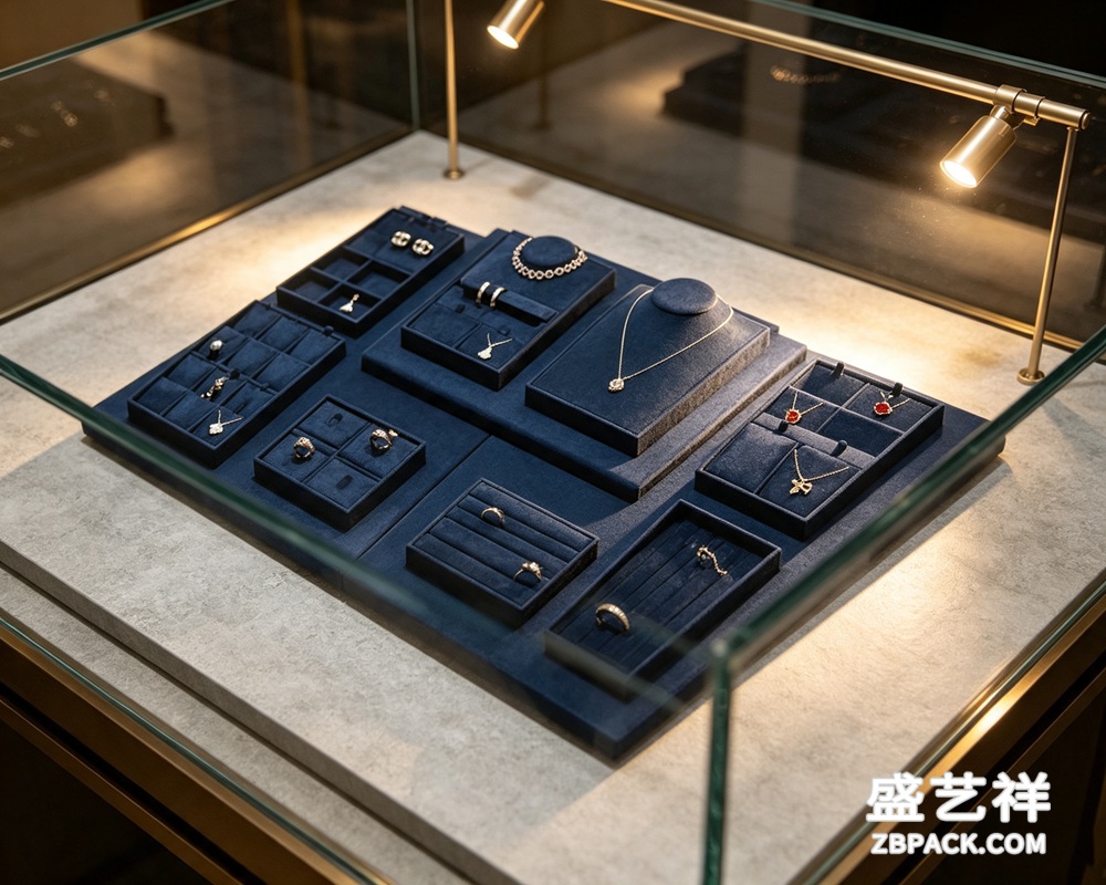 深蓝色超纤绒面模块化珠宝陈列套装 DJ03 | Deep Blue Microfiber Modular Jewelry Display Set DJ03 - 细节图4