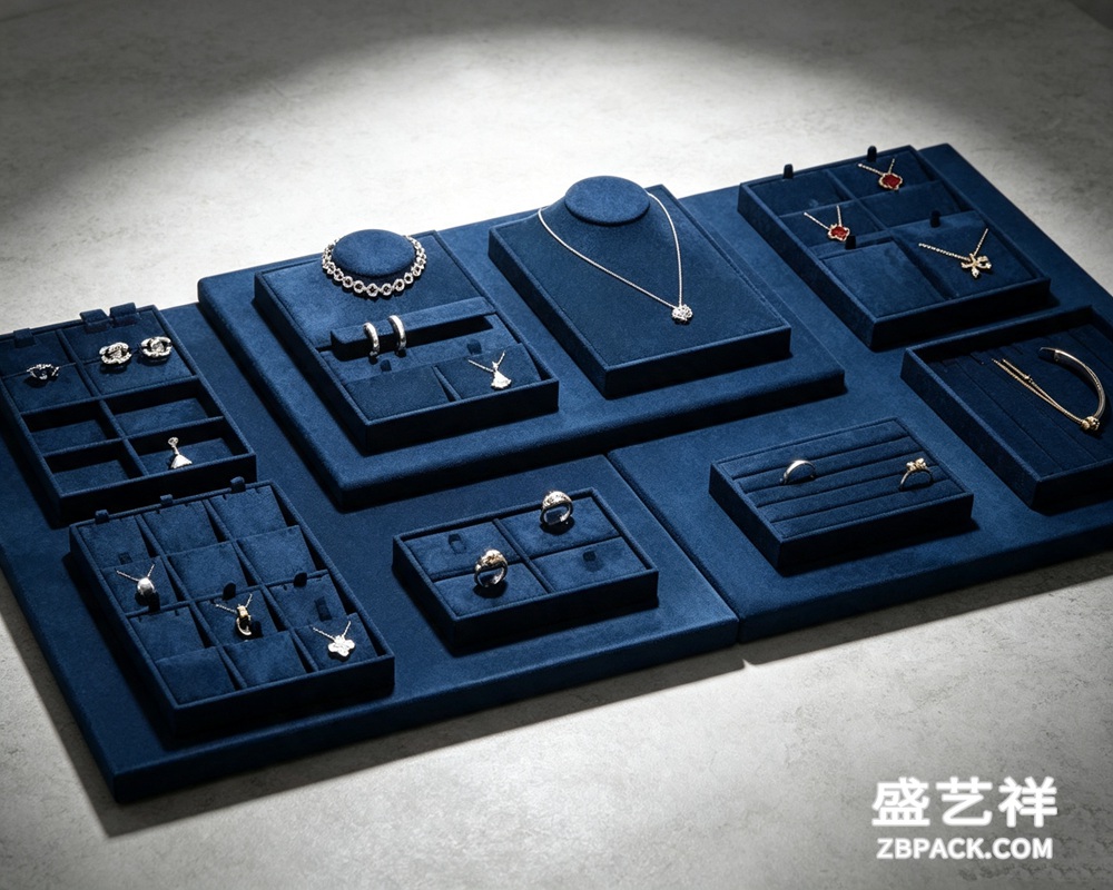 深蓝色超纤绒面模块化珠宝陈列套装 DJ03 | Deep Blue Microfiber Modular Jewelry Display Set DJ03 - 细节图2