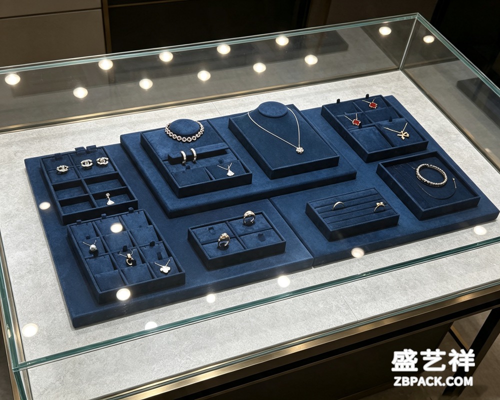 深蓝色超纤绒面模块化珠宝陈列套装 DJ03 | Deep Blue Microfiber Modular Jewelry Display Set DJ03 - 细节图3