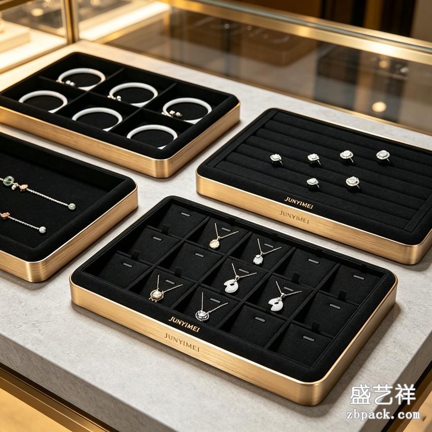 金边黑绒组合珠宝托盘摆台 TP43 | Gold-Rim Black Velvet Jewelry Tray TP43 - 细节图3