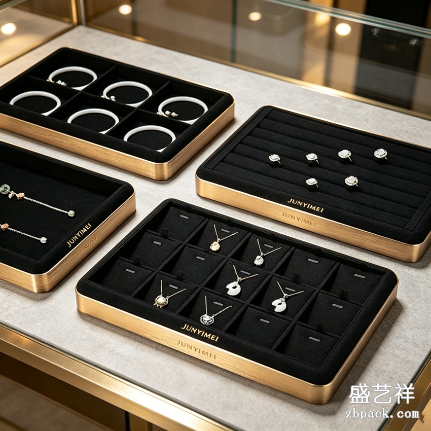 金边黑绒组合珠宝托盘摆台 TP43 | Gold-Rim Black Velvet Jewelry Tray TP43 - 细节图4