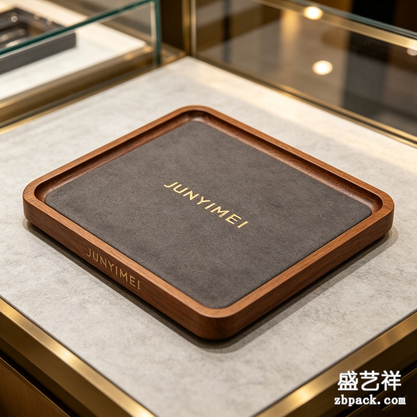 实木灰绒大号珠宝看货托盘 TP52 | Wood Grey‑Velvet Jewelry Serving Tray TP52