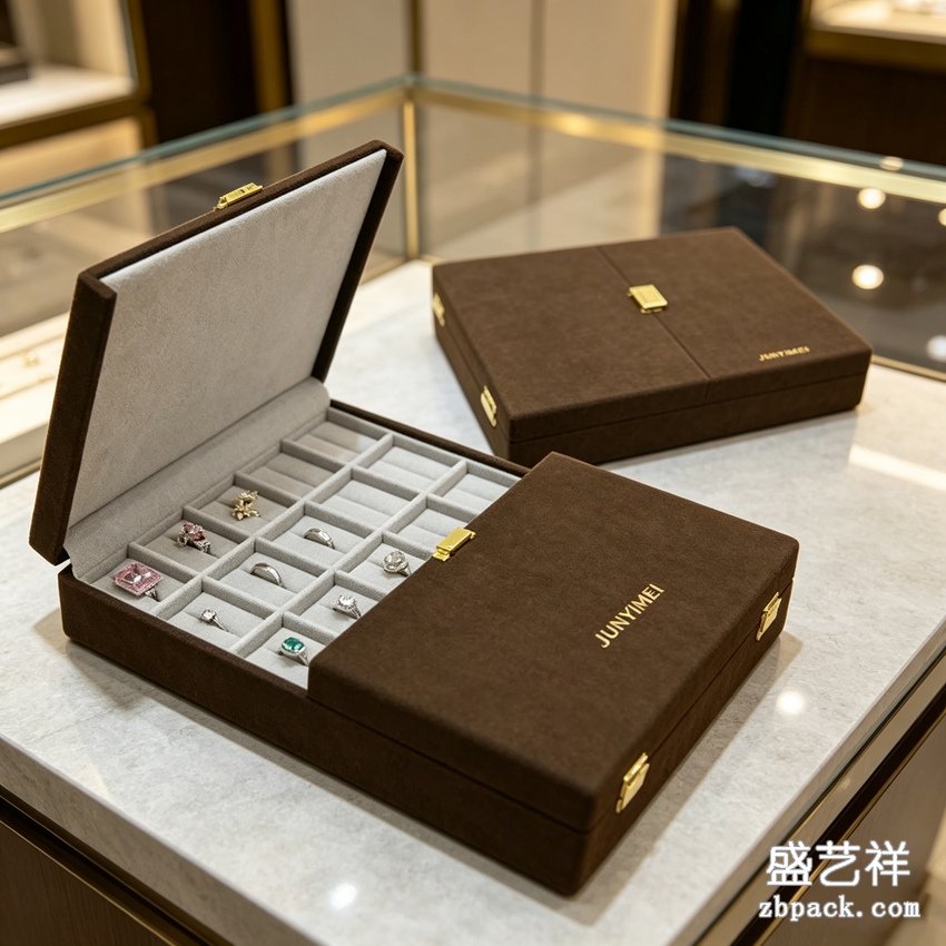 棕色绒面翻盖珠宝收纳盒 TP57 | Brown Velvet Flip-Top Jewelry Box TP57