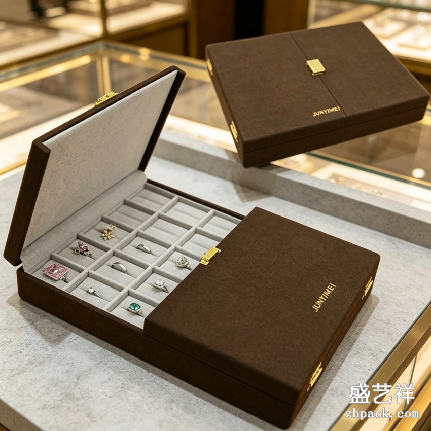棕色绒面翻盖珠宝收纳盒 TP57 | Brown Velvet Flip-Top Jewelry Box TP57 - 细节图3
