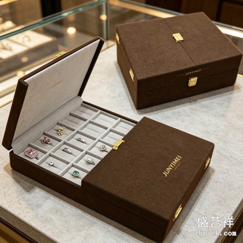 棕色绒面翻盖珠宝收纳盒 TP57 | Brown Velvet Flip-Top Jewelry Box TP57 - 细节图2