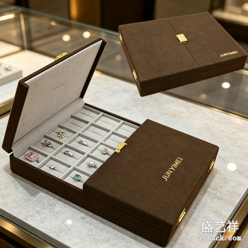 棕色绒面翻盖珠宝收纳盒 TP57 | Brown Velvet Flip-Top Jewelry Box TP57 - 细节图4