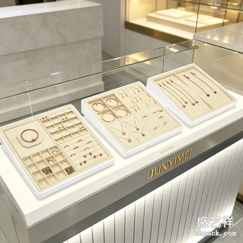 白框米绒组合式珠宝展示托盘 TP58 | White‑Frame Beige‑Velvet Combined Jewelry Tray TP58 - 细节图2