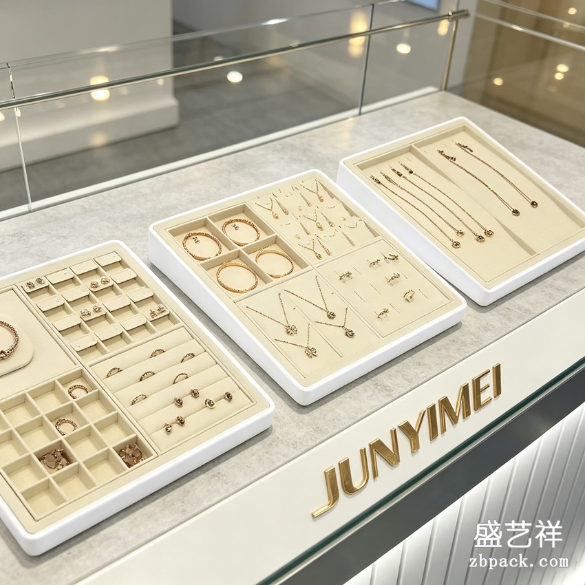 白框米绒组合式珠宝展示托盘 TP58 | White‑Frame Beige‑Velvet Combined Jewelry Tray TP58