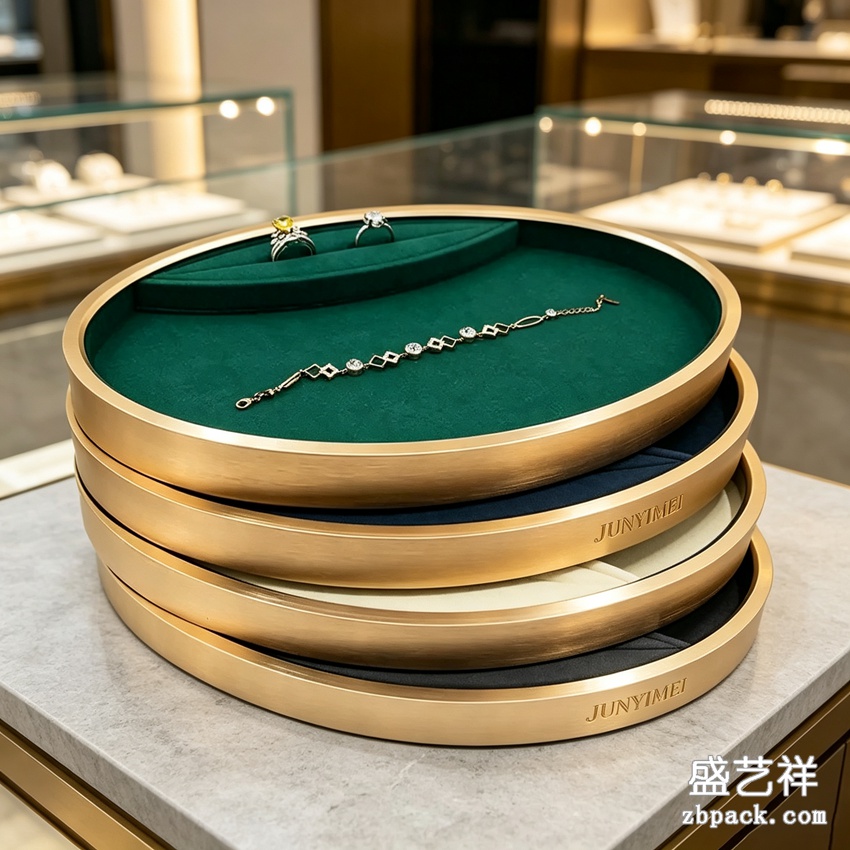 金属金边圆形多色绒布珠宝托盘 TP59 | Gold‑Frame Round Multi‑Color Velvet Jewelry Tray TP59 - 细节图3