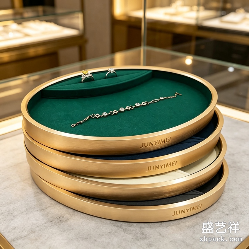 金属金边圆形多色绒布珠宝托盘 TP59 | Gold‑Frame Round Multi‑Color Velvet Jewelry Tray TP59