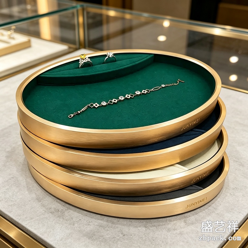 金属金边圆形多色绒布珠宝托盘 TP59 | Gold‑Frame Round Multi‑Color Velvet Jewelry Tray TP59 - 细节图4