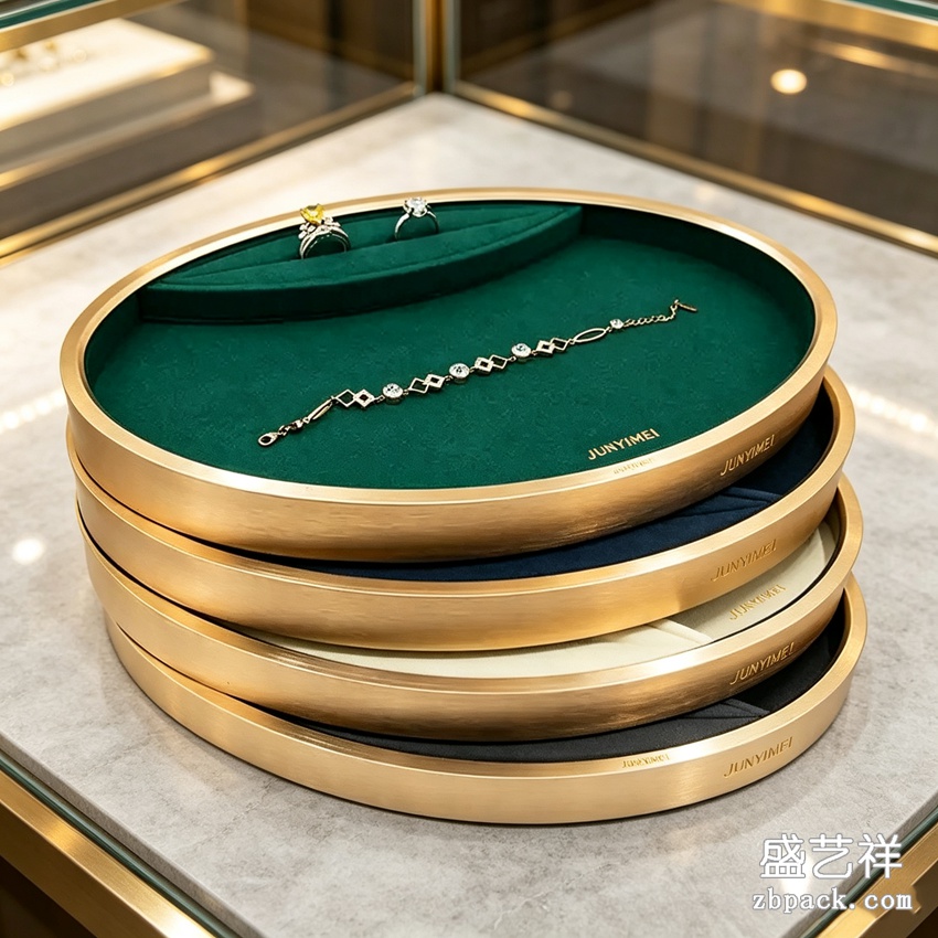 金属金边圆形多色绒布珠宝托盘 TP59 | Gold‑Frame Round Multi‑Color Velvet Jewelry Tray TP59 - 细节图2