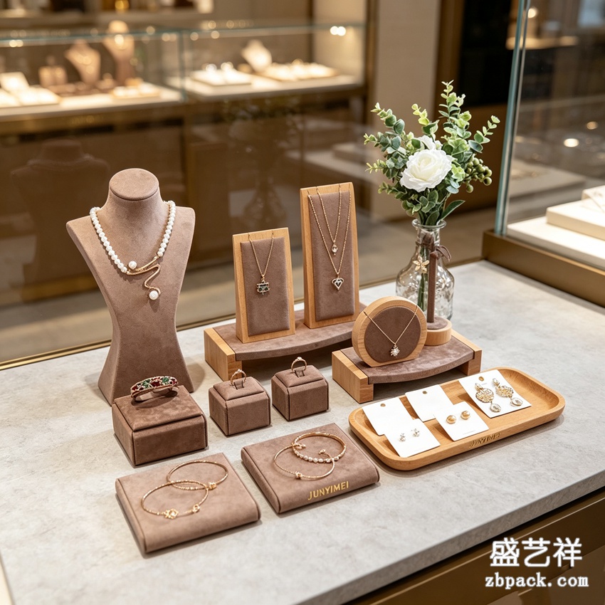 原木咖绒全套珠宝橱窗展示套装 DJ06 | Wood & Coffee‑Velvet Full Jewelry Display Set DJ06 - 细节图4