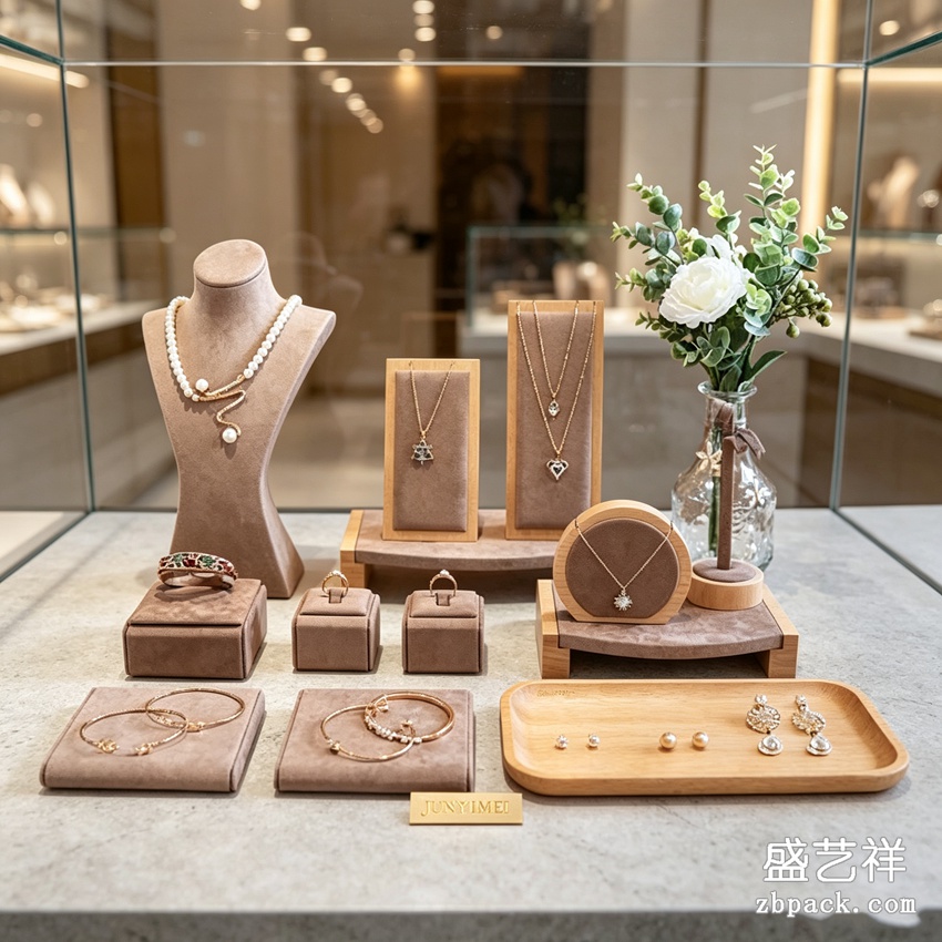 原木咖绒全套珠宝橱窗展示套装 DJ06 | Wood & Coffee‑Velvet Full Jewelry Display Set DJ06 - 细节图2