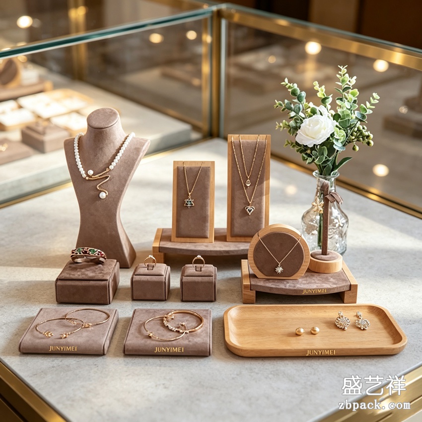 原木咖绒全套珠宝橱窗展示套装 DJ06 | Wood & Coffee‑Velvet Full Jewelry Display Set DJ06 - 细节图5