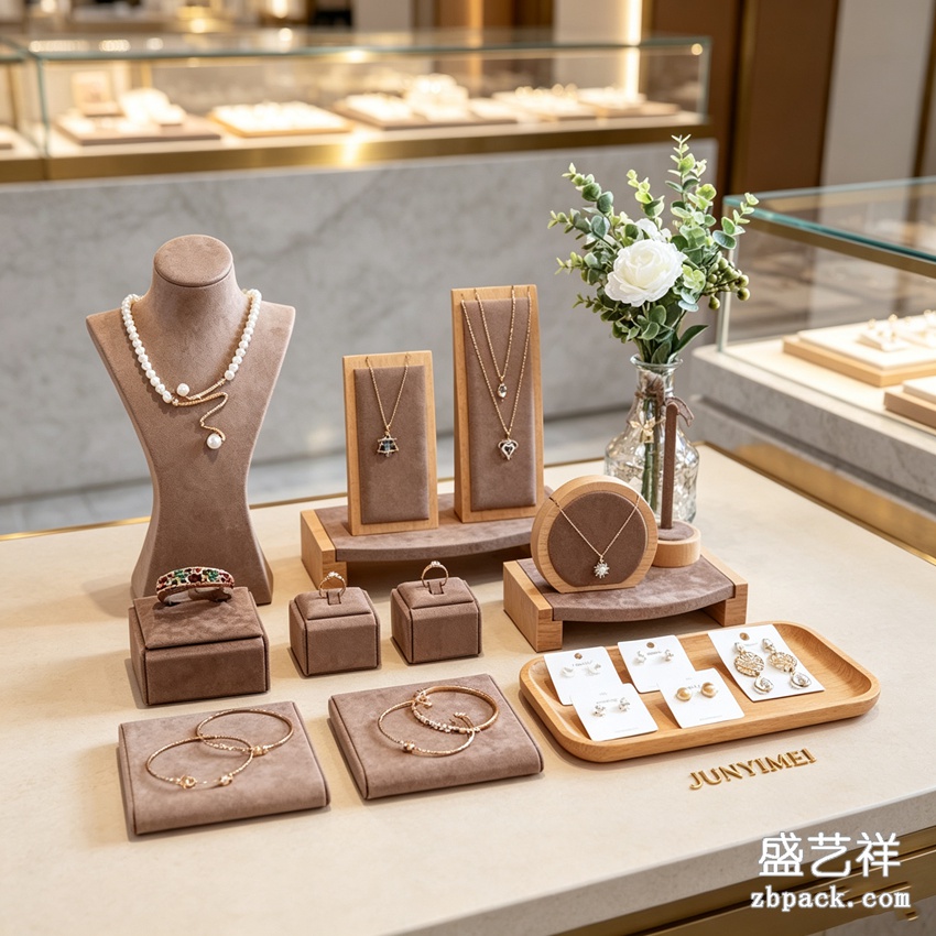 原木咖绒全套珠宝橱窗展示套装 DJ06 | Wood & Coffee‑Velvet Full Jewelry Display Set DJ06