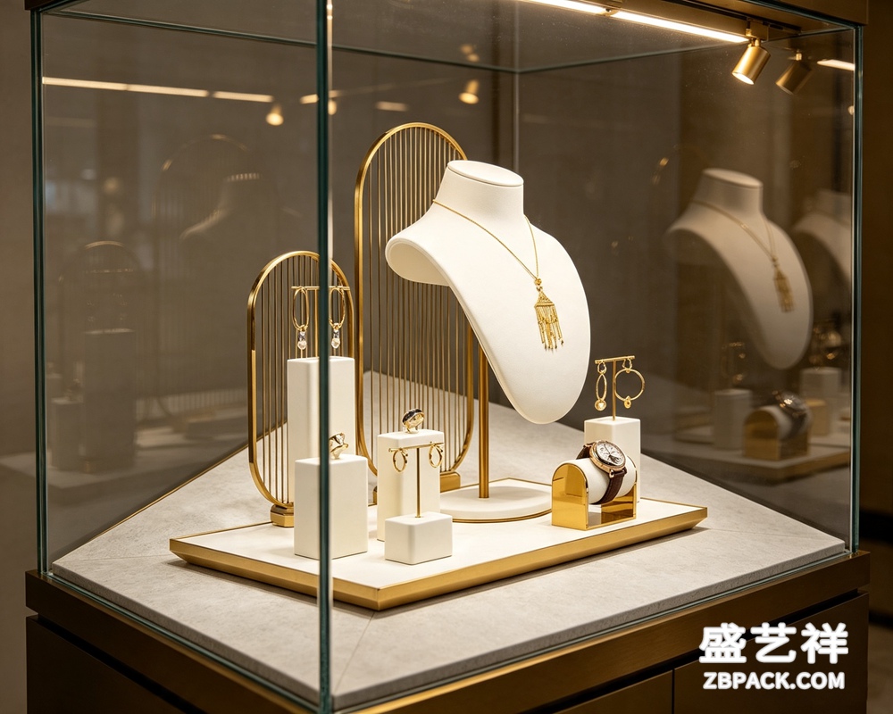 白绒金框橱窗珠宝展示套装 CC36 | White Velvet Gold Frame Jewelry Display Set CC36