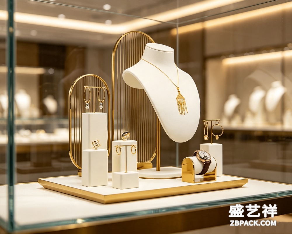 白绒金框橱窗珠宝展示套装 CC36 | White Velvet Gold Frame Jewelry Display Set CC36 - 细节图3