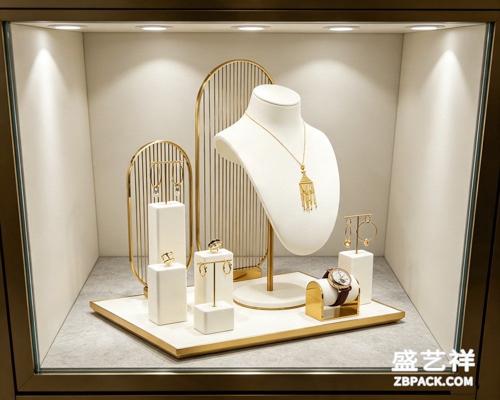 白绒金框橱窗珠宝展示套装 CC36 | White Velvet Gold Frame Jewelry Display Set CC36 - 细节图2