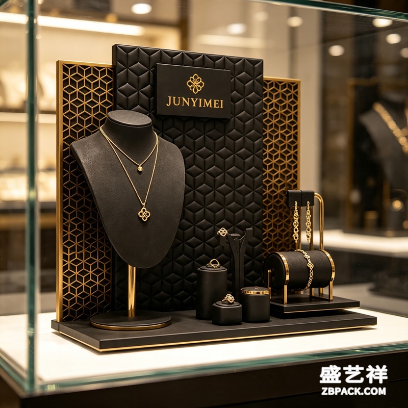 黑底金纹轻奢珠宝橱窗展示套装 CC39 | Black‑Gold Luxury Jewelry Window Display Set CC39 - 细节图4