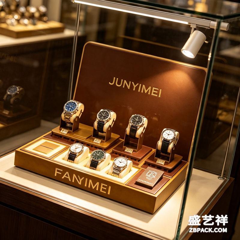复古棕皮腕表套装展示托盘 CC41 | Vintage Brown‑Leather Watch Display Tray CC41 - 细节图3