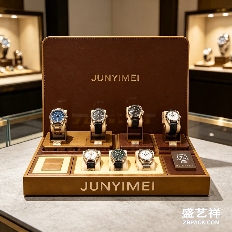复古棕皮腕表套装展示托盘 CC41 | Vintage Brown‑Leather Watch Display Tray CC41 - 细节图2
